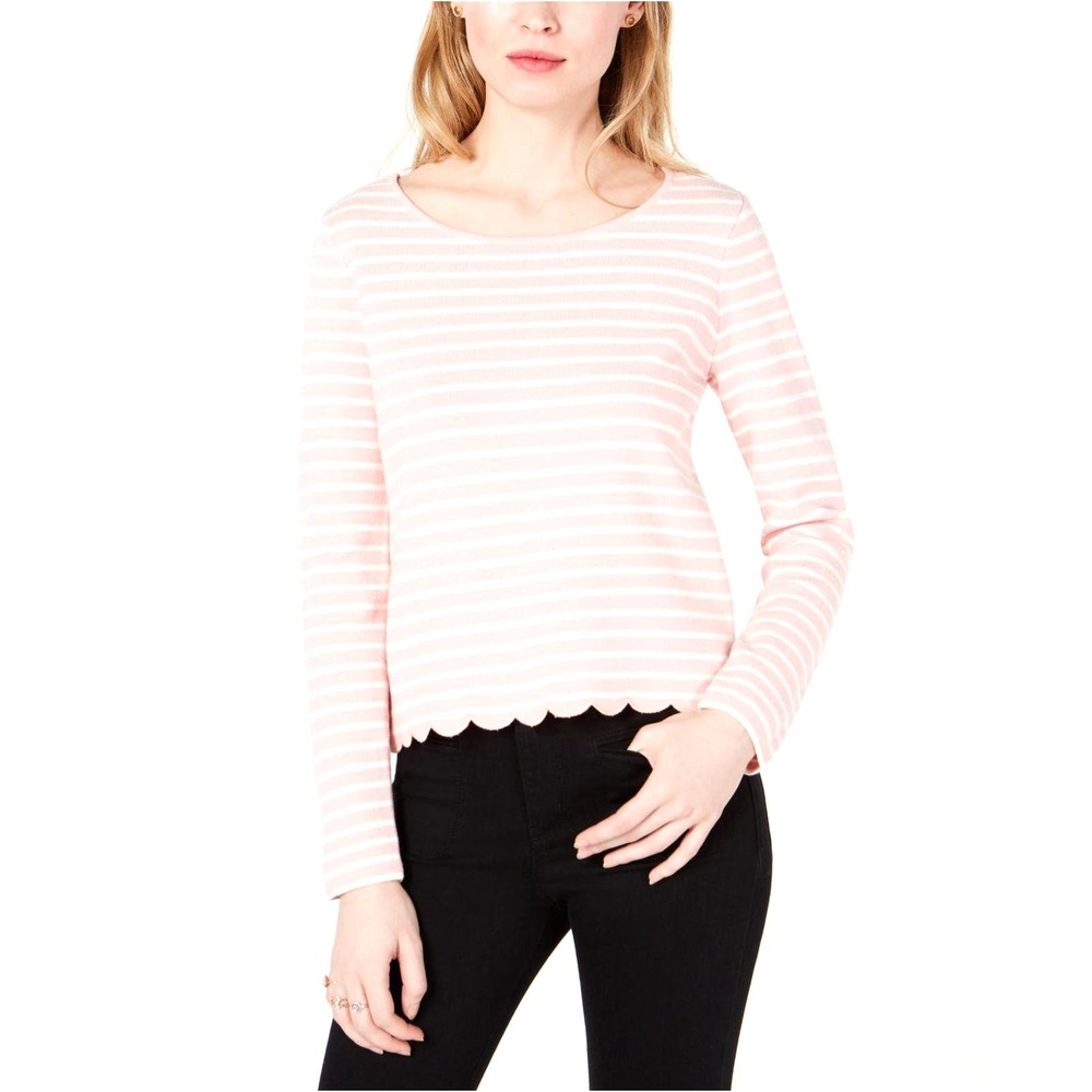Maison Jules | Striped Scalloped Crossover Top, Sz M, Pink